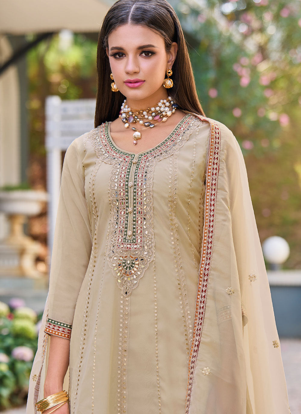 Beige Organza Embroidered, Mirror And Sequins Work Punjabi Suit For Engagement