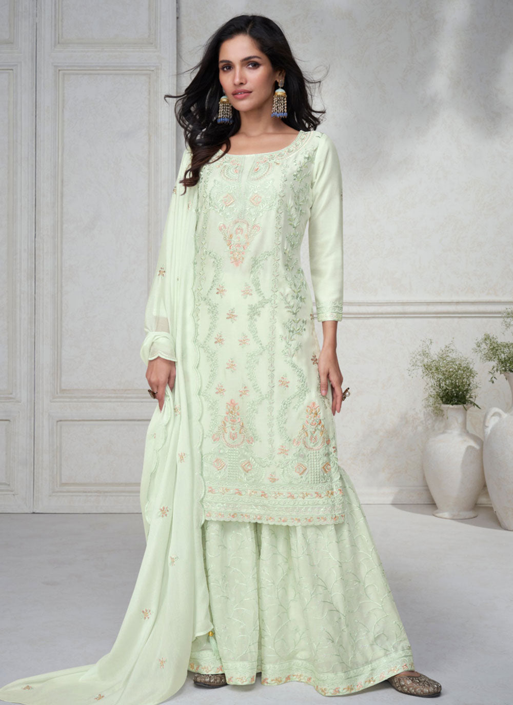 Green Chinon Embroidered Work Salwar Suit For Women