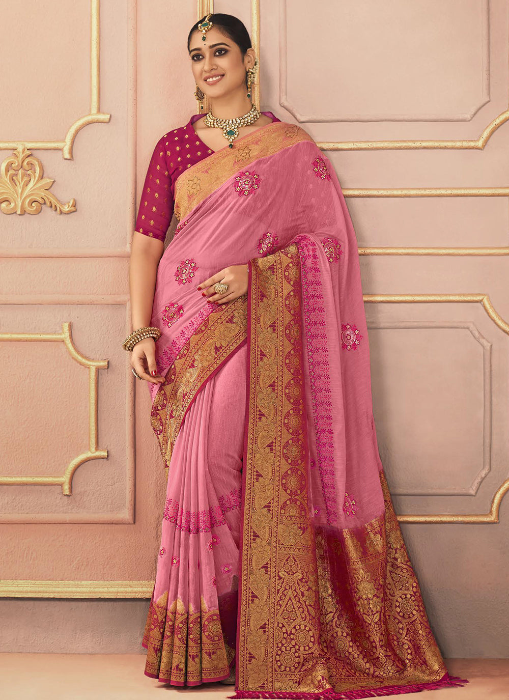 Pink Silk Contemporary Sari With Embroidered, Resham And Stone Work For Women