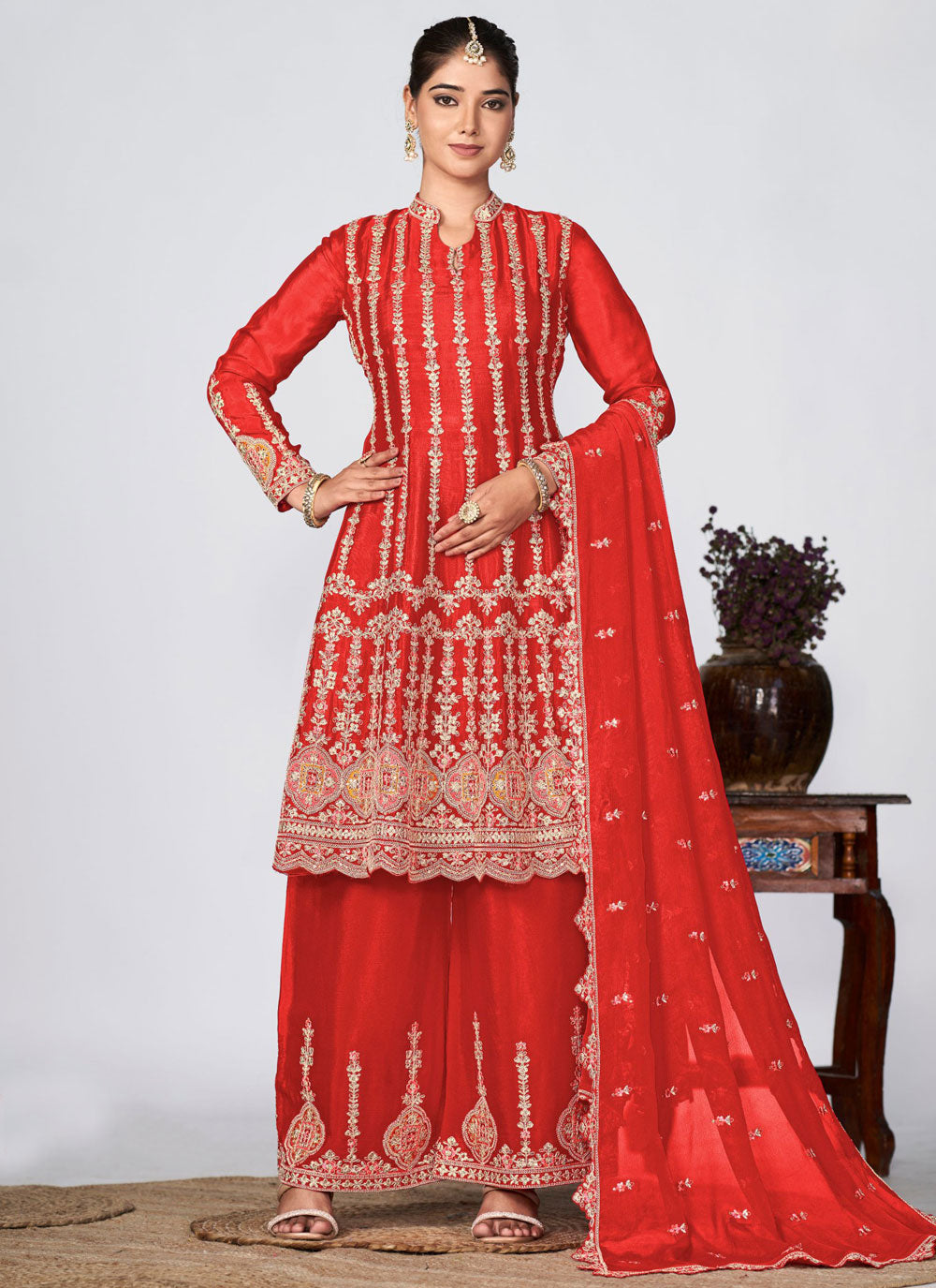 Red Chinon Readymade Salwar Suit