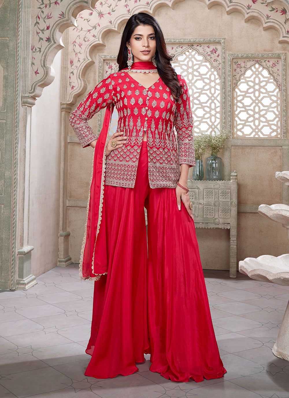 Silk Readymade Salwar Suit In Rani