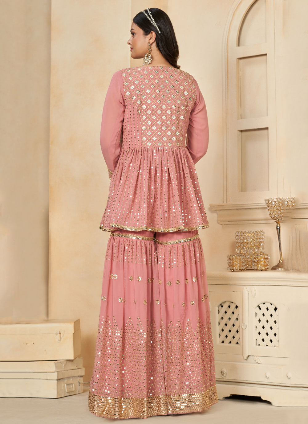 Pink Faux Georgette Salwar Suit With Cord, Sequins, Thread And Zari Work