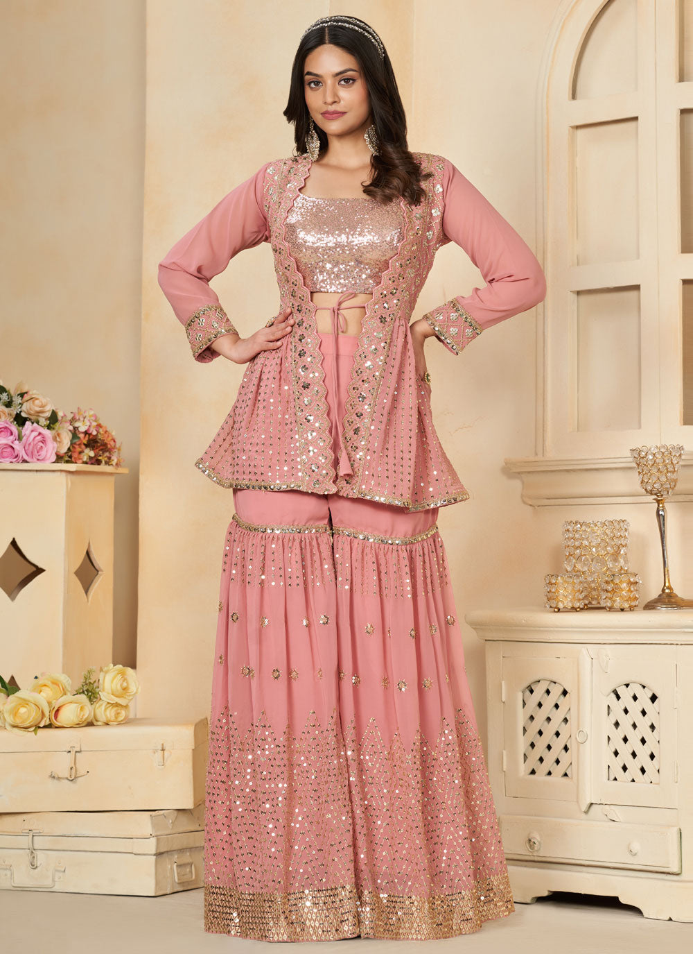 Pink Faux Georgette Salwar Suit With Cord, Sequins, Thread And Zari Work