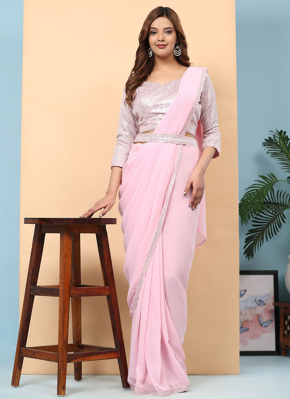 Pink Georgette Contemporary Saree With Embroidered And Sequins Work For Women