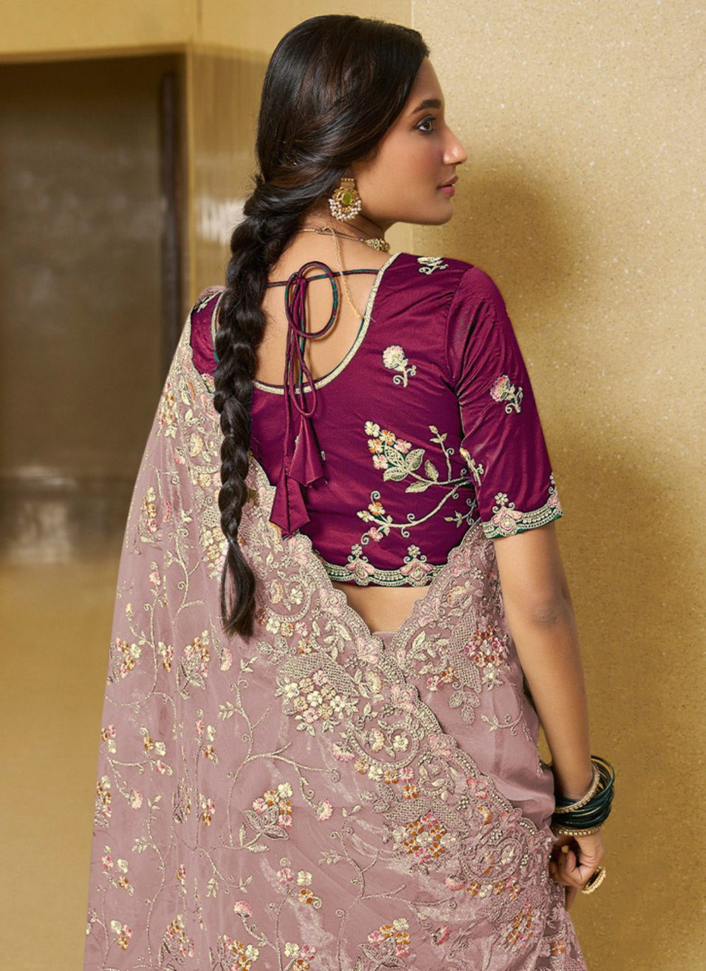 Zari Work Net Contemporary Sari In Purple
