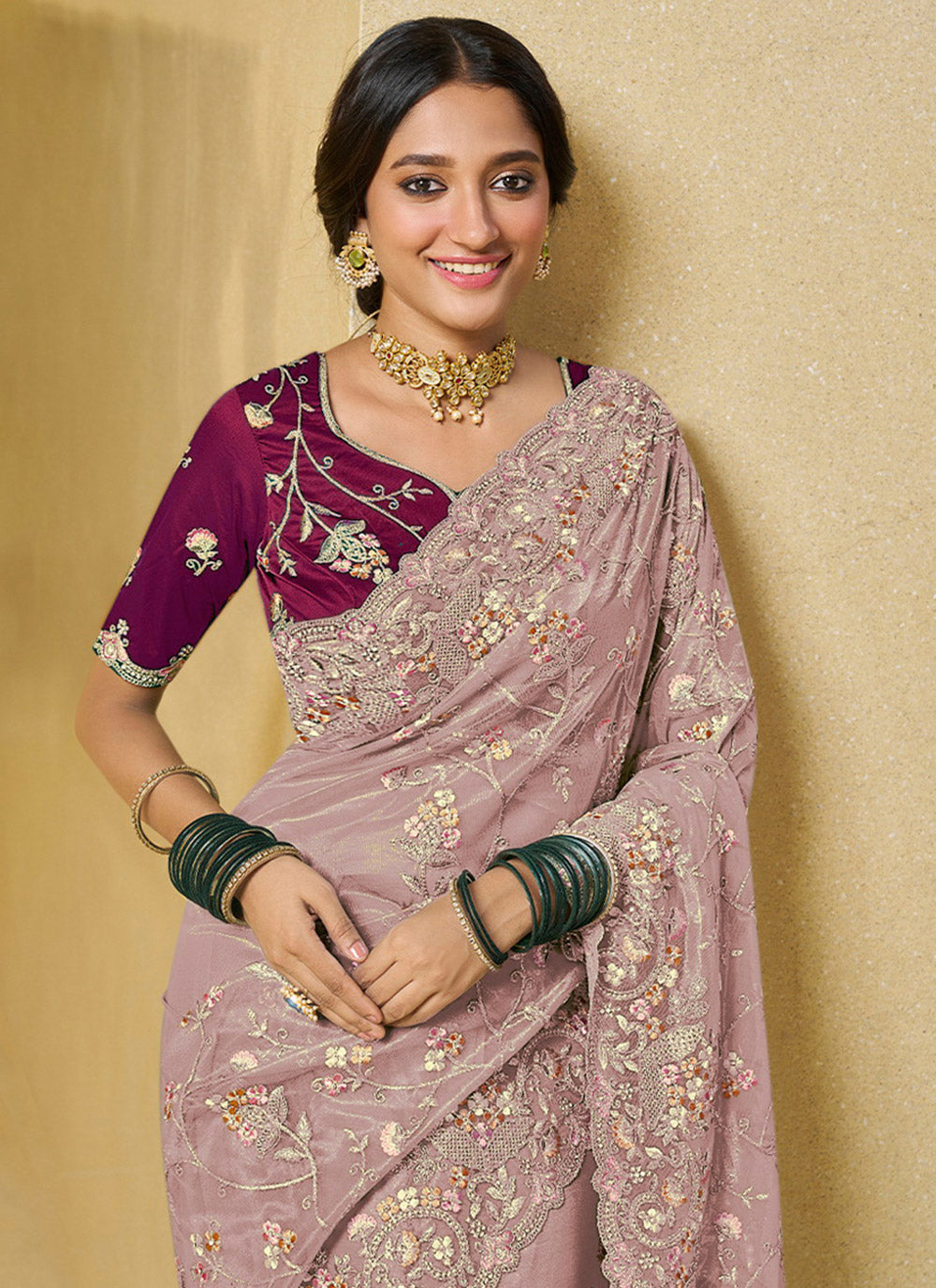 Zari Work Net Contemporary Sari In Purple