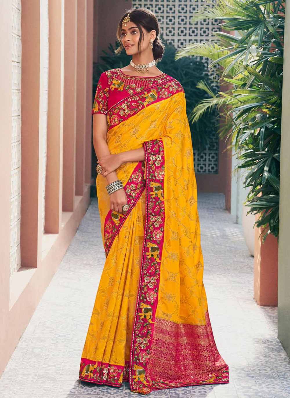 Embroidered Work Silk Contemporary Sari In Yellow