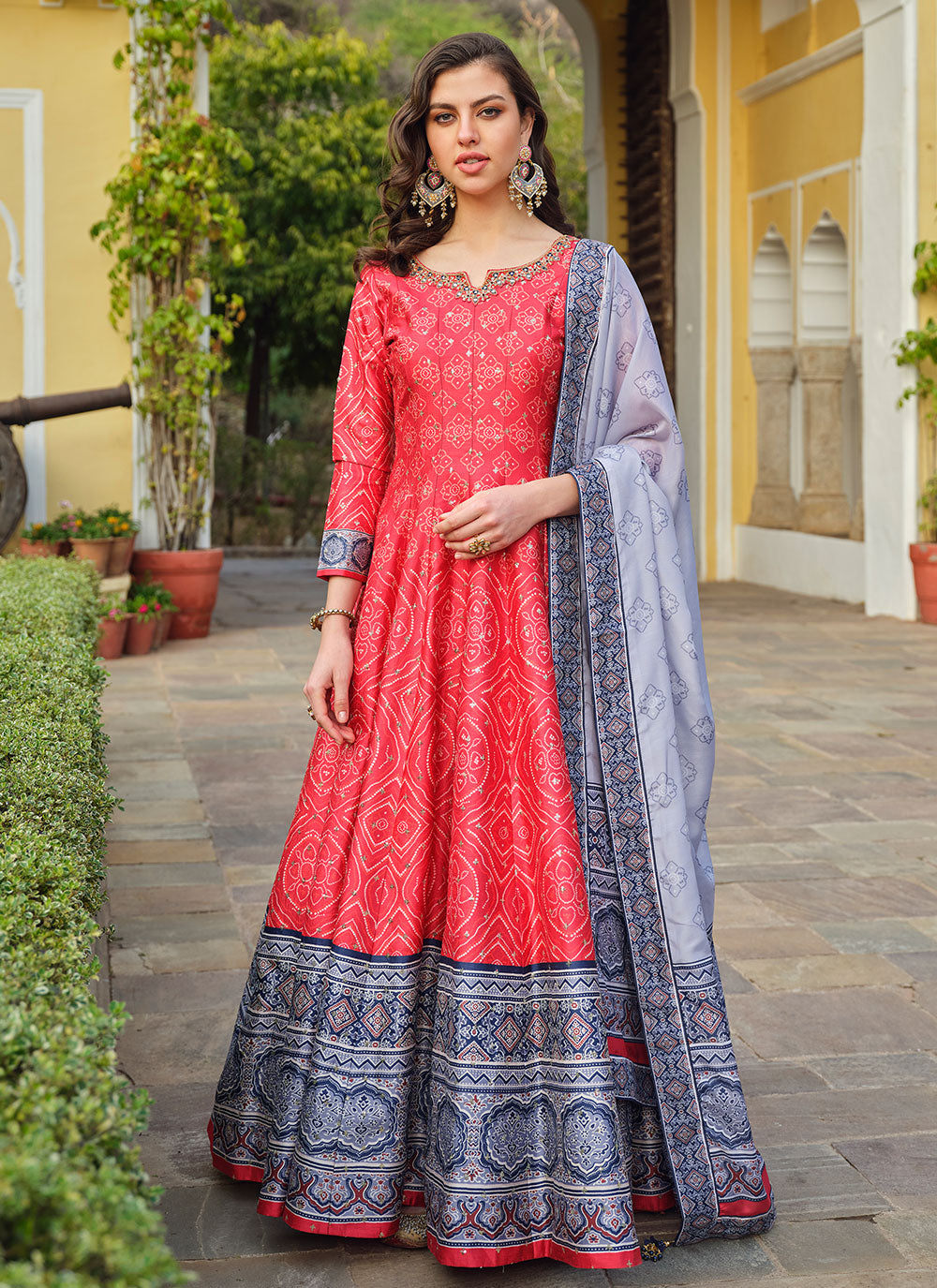 Digital Print And Patola Print Work Silk Designer Gown In Pink For Ceremonial