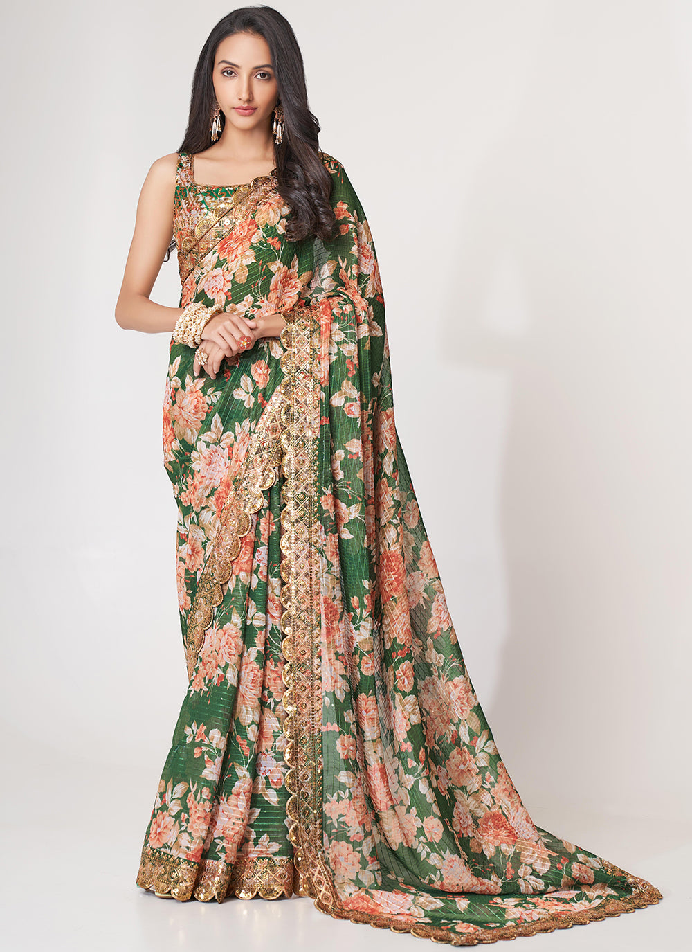 Green Sequins Saree for Ceremonial