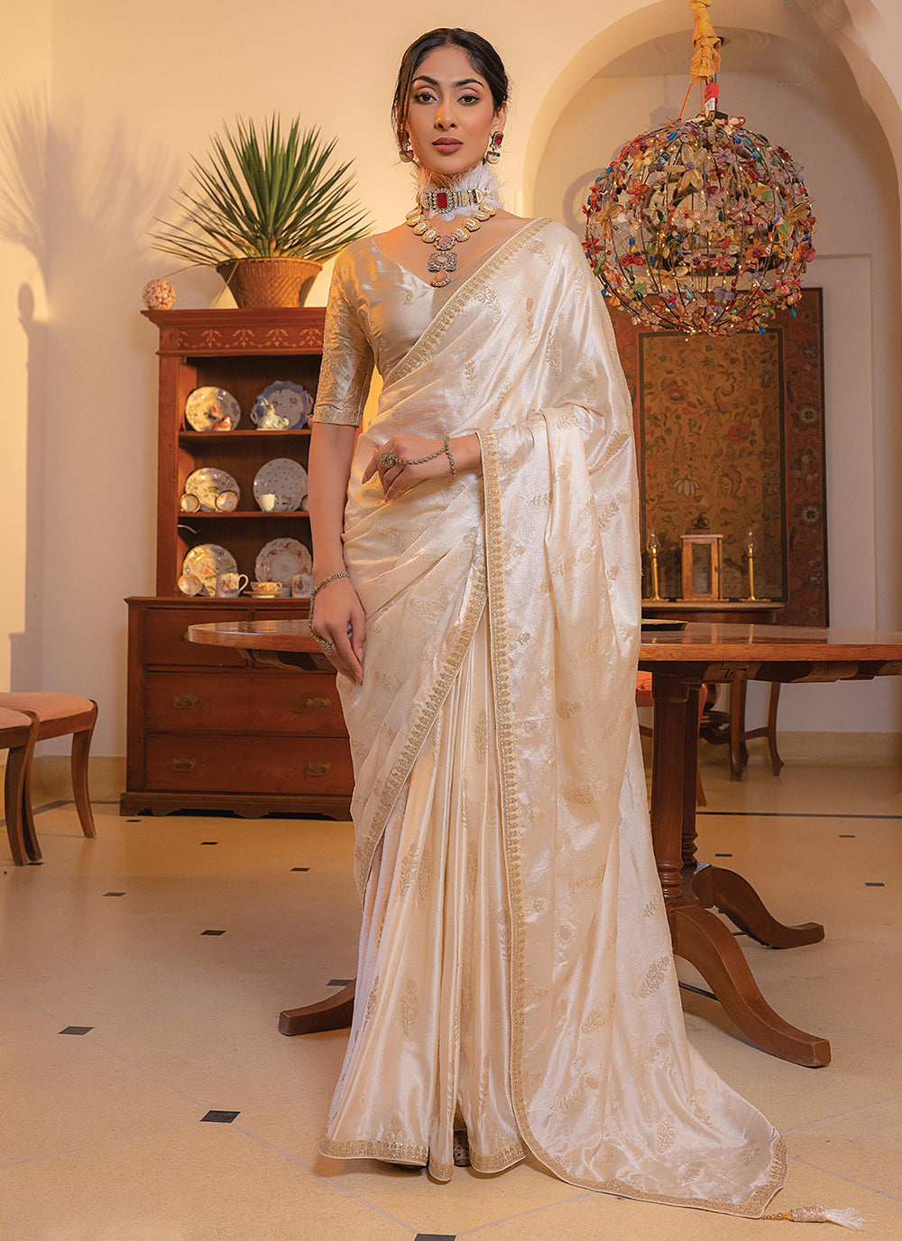 Cream Satin Embroidered Work Classic Saree For Party