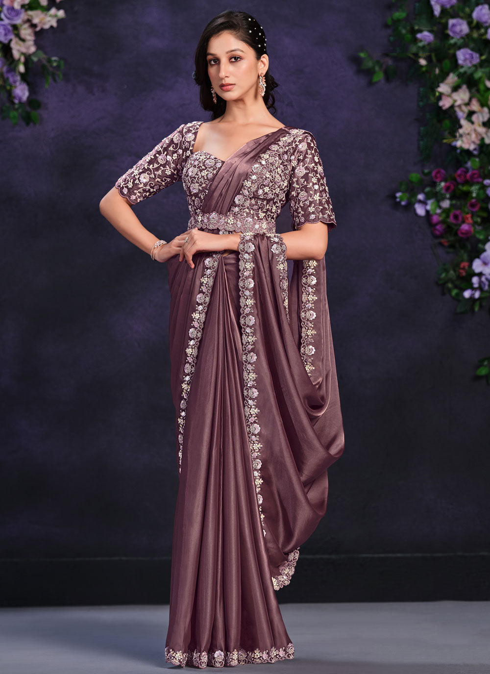 Brown Satin Silk Contemporary Sari With Moti, Sequins And Thread Work For Women