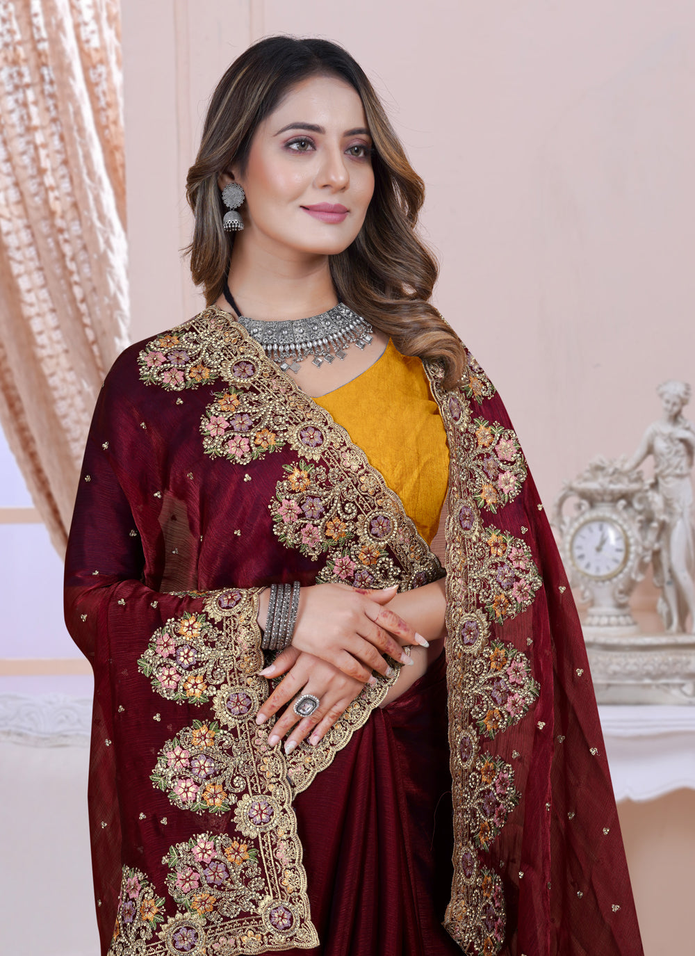 Satin Silk Designer Saree In Maroon  Color
