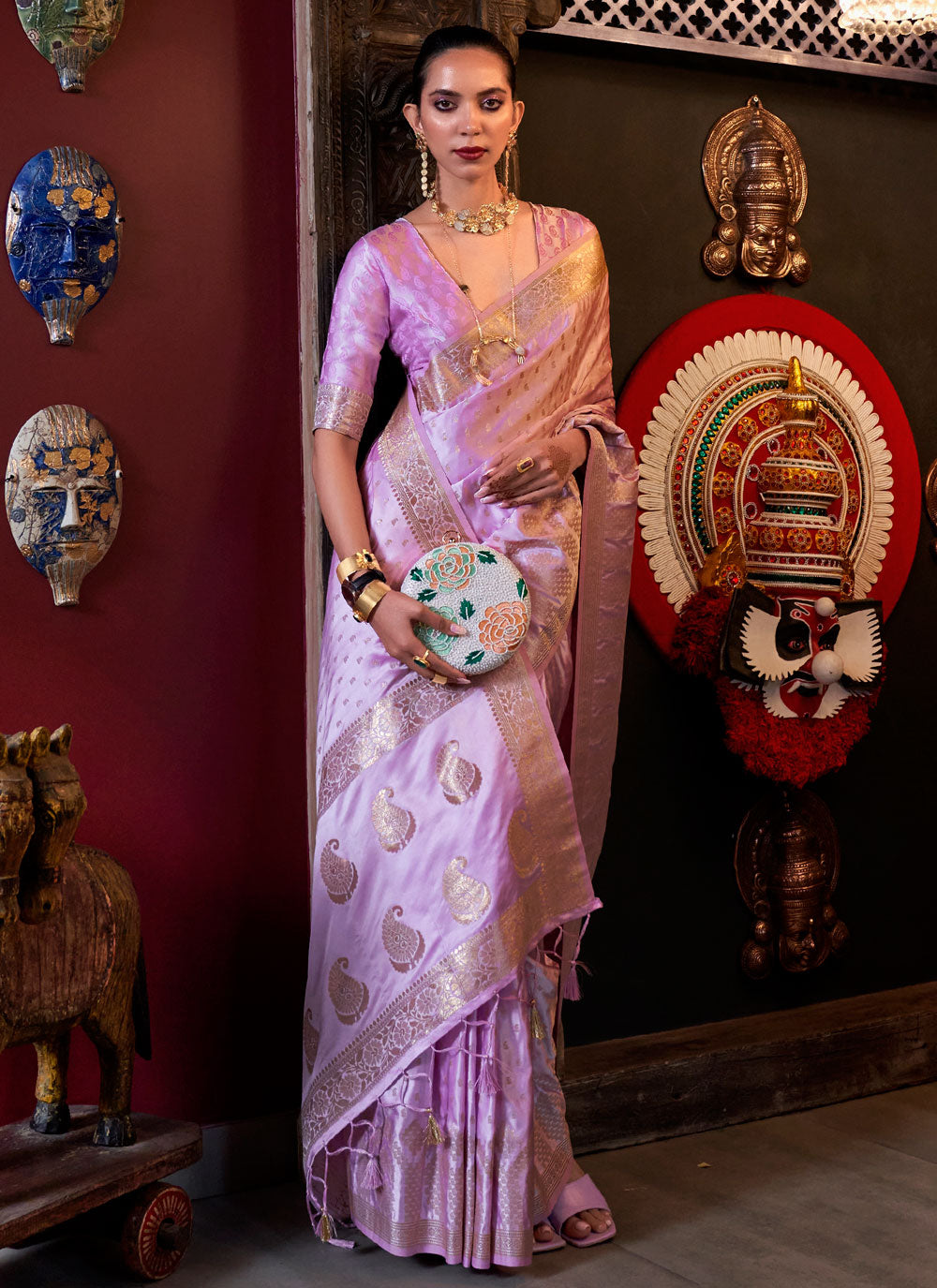 Lavender Satin Silk Weaving Work Classic Sari