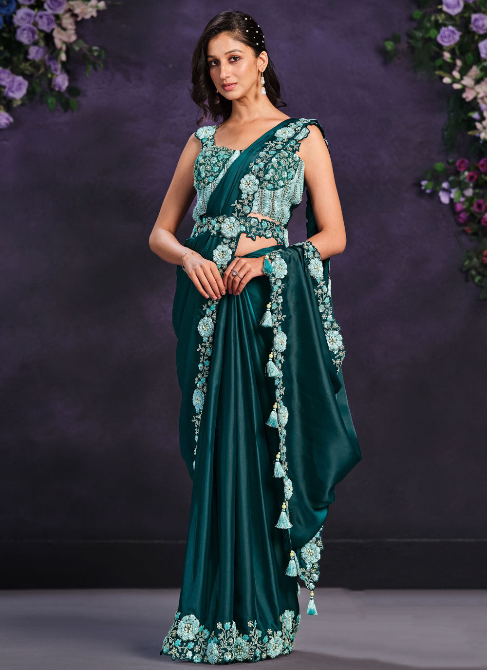 Morpeach Satin Silk Trendy Saree With Moti, Sequins And Thread Work For Women