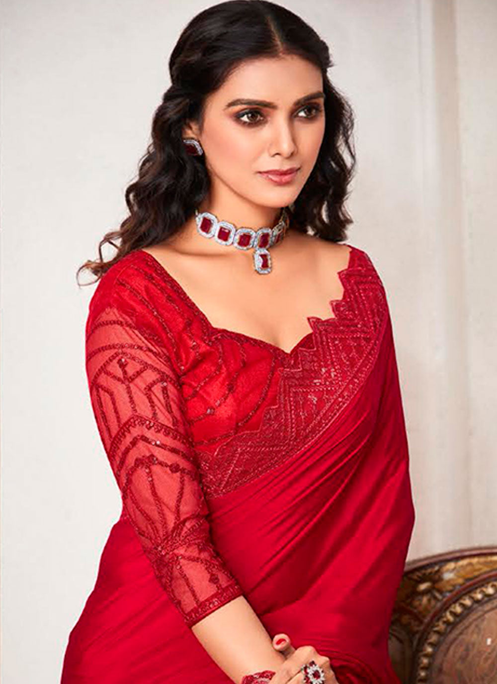 Red Satin Patch Border Work Classic Sari For Ceremonial