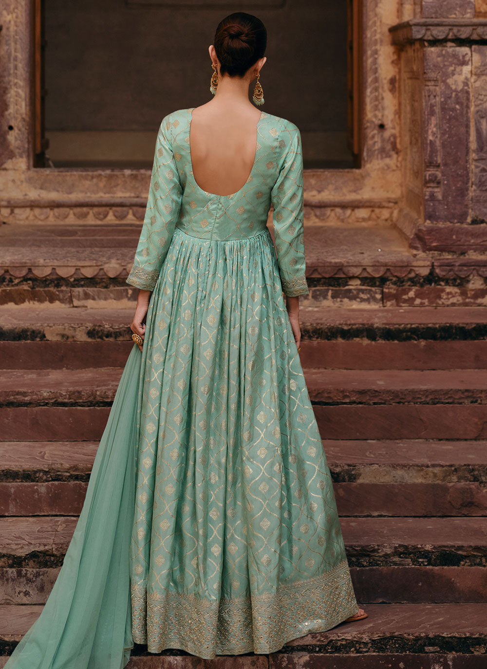 Sea Green Jacquard Silk With Embroidered And Resham Work