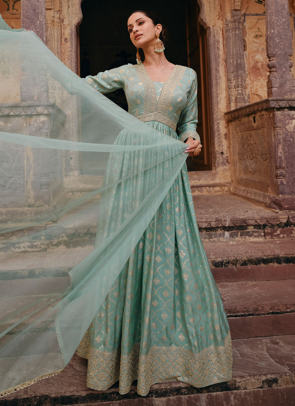 Sea Green Jacquard Silk With Embroidered And Resham Work