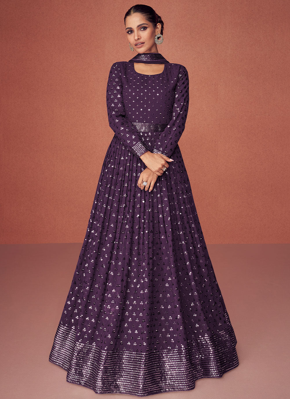 Georgette Sequins Purple Long Length Salwar Suit