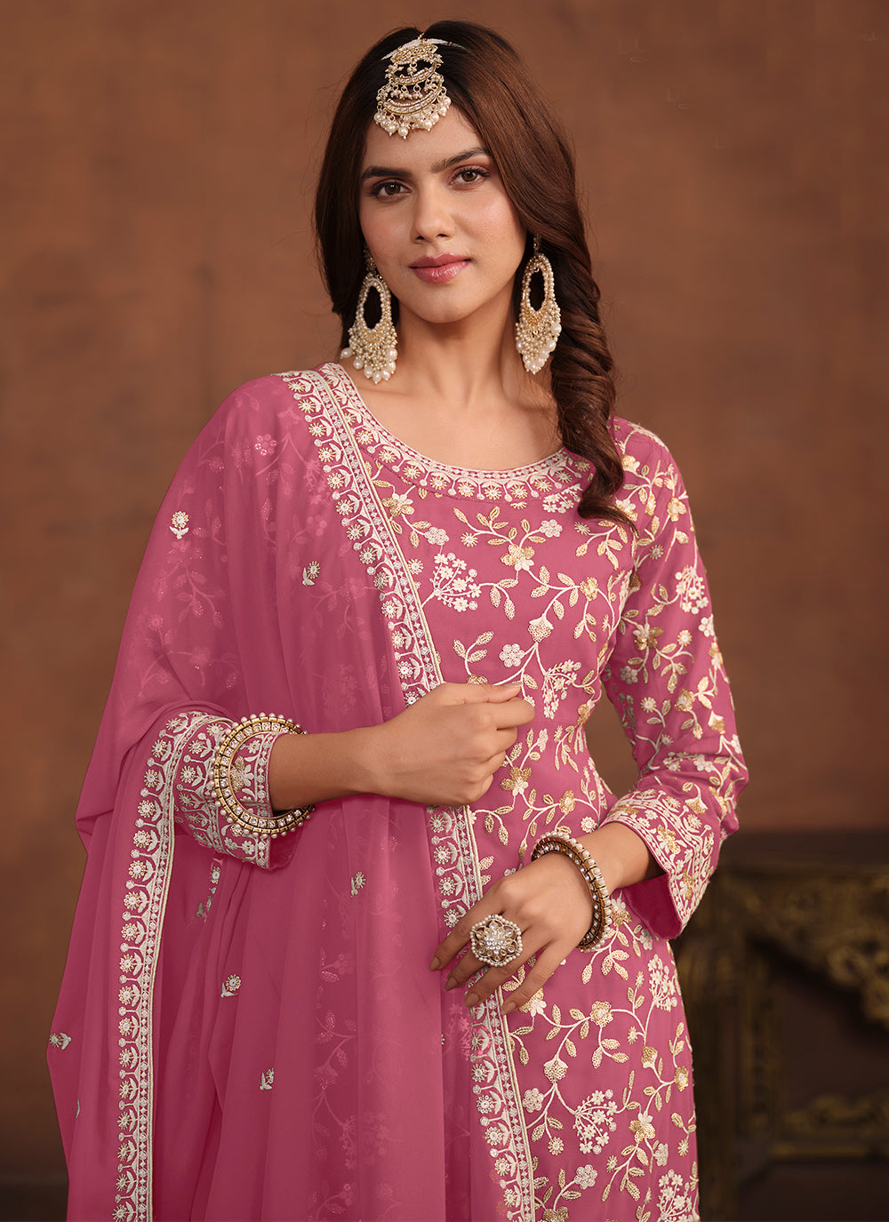 Pink Palazzo Salwar Suit With Embroidered And Sequins Work For Ceremonial