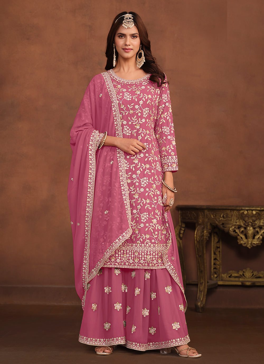 Pink Palazzo Salwar Suit With Embroidered And Sequins Work For Ceremonial