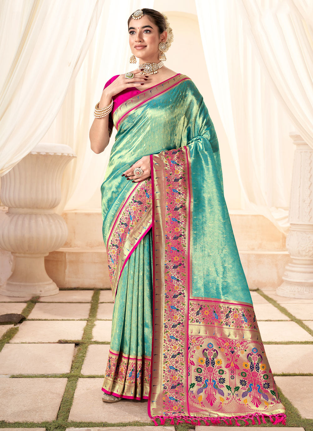 Sea Green Handloom Silk Jacquard Work Classic Sari For Women