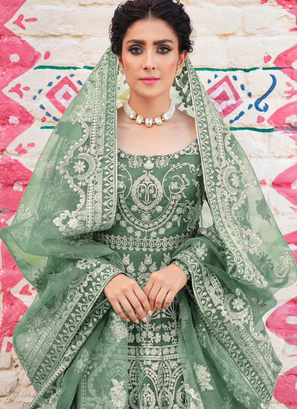 Sea Green Net Embroidered Work Indian Gown
