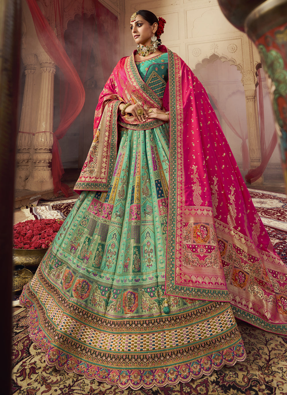 Sea Green Wedding Banarasi Silk Designer Lehenga Choli