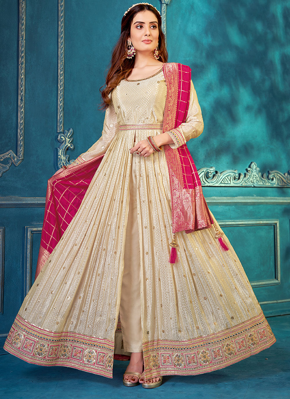 Embroidered Work Readymade Salwar Suit In Beige For Ceremonial
