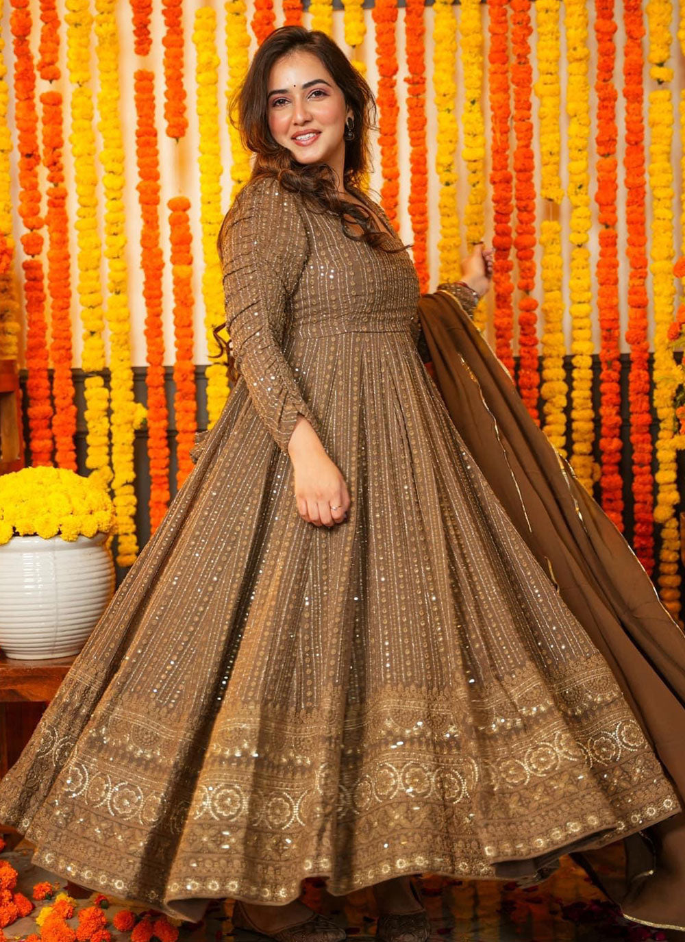 Faux Georgette Designer Gown In Brown