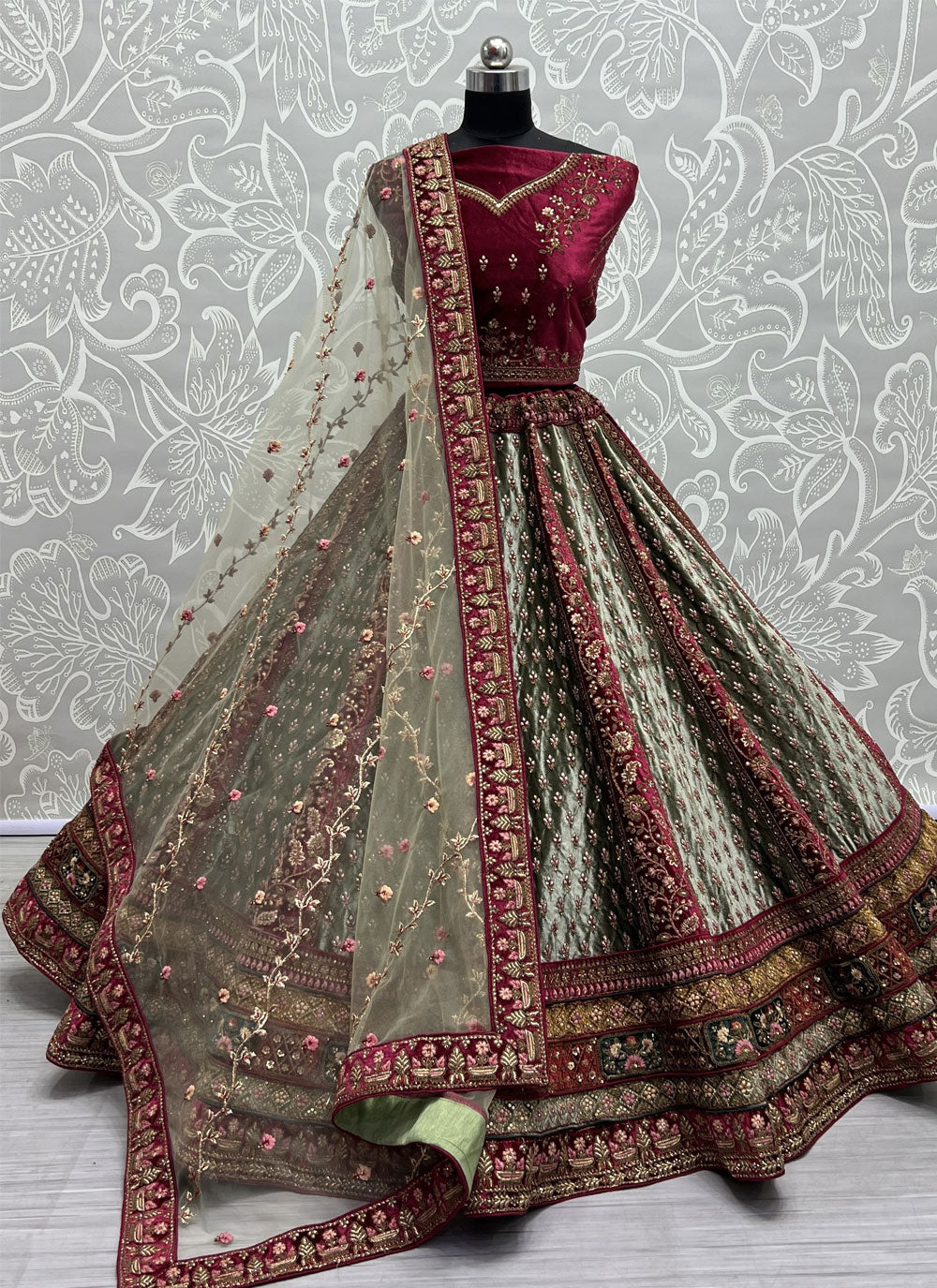 Green Velvet Dori, Embroidered, Sequins And Thread Work Lehenga Choli For Bridal