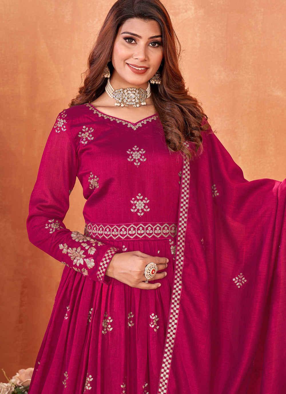 Hot Pink Art Silk Trendy Suit With Embroidered Work For Women