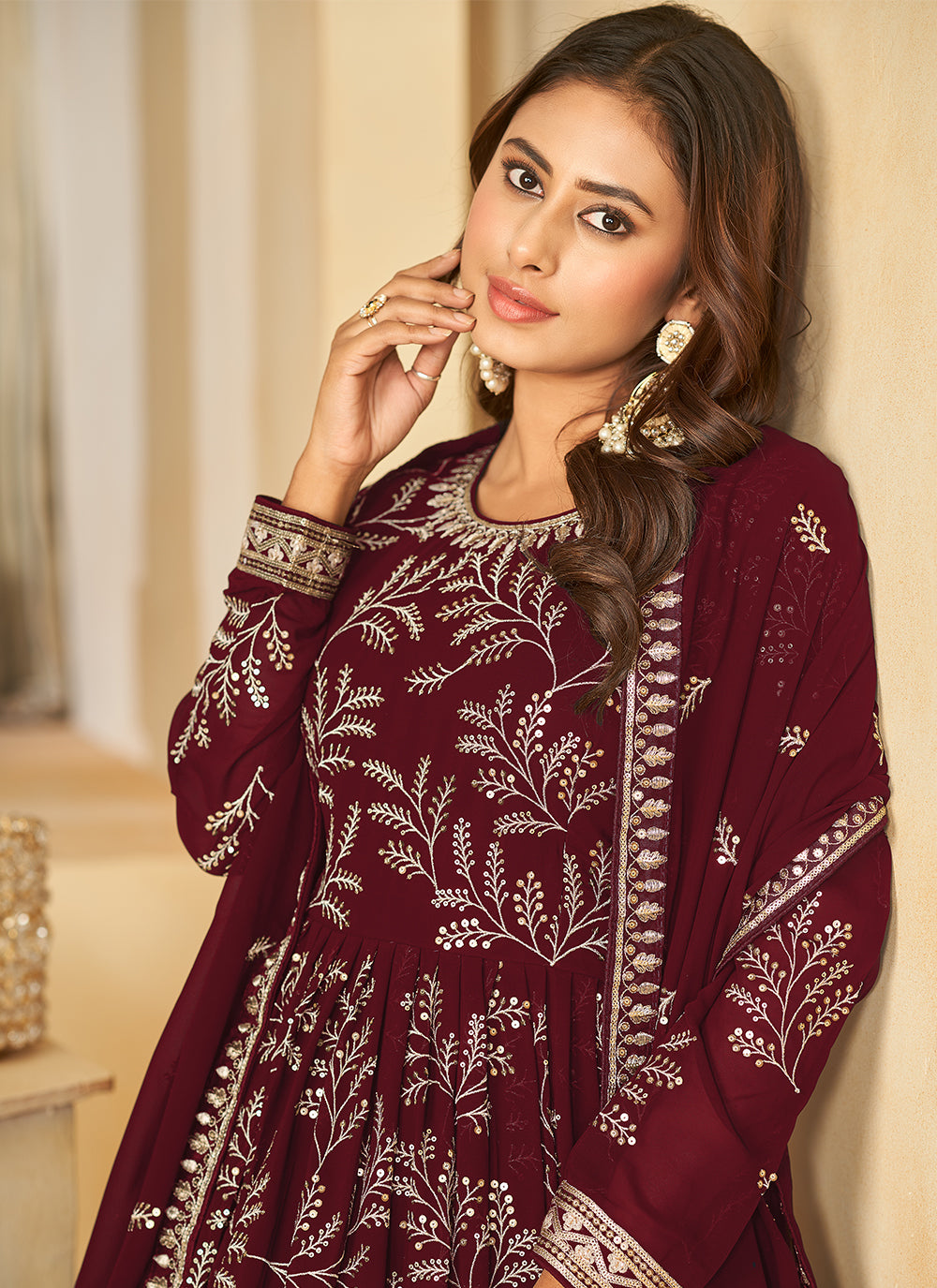 Maroon Embroidered And Sequins Work Floor Length Salwar Suit