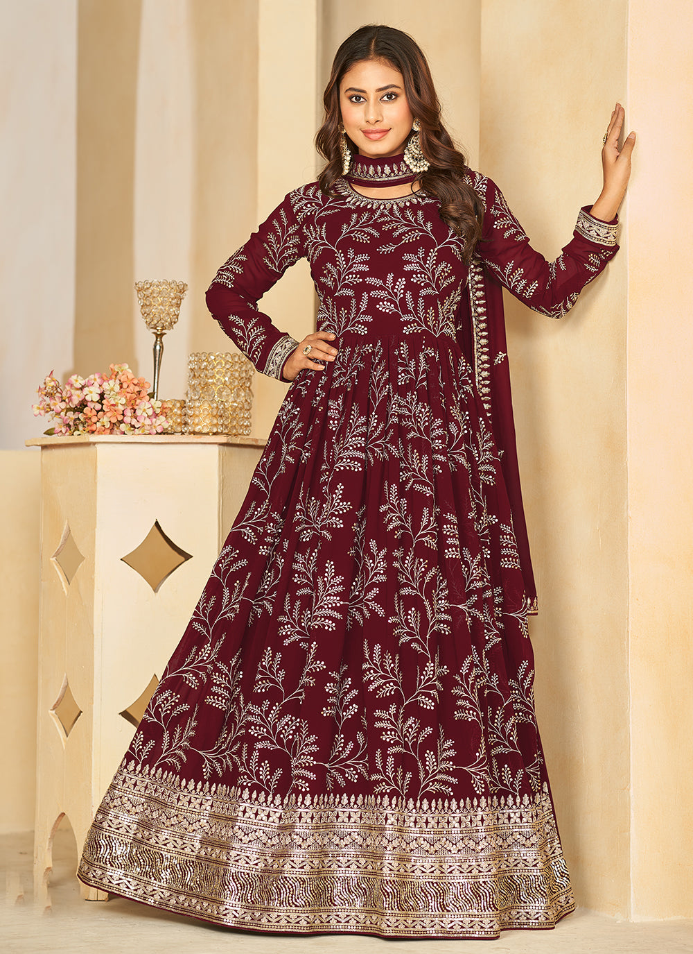 Maroon Embroidered And Sequins Work Floor Length Salwar Suit