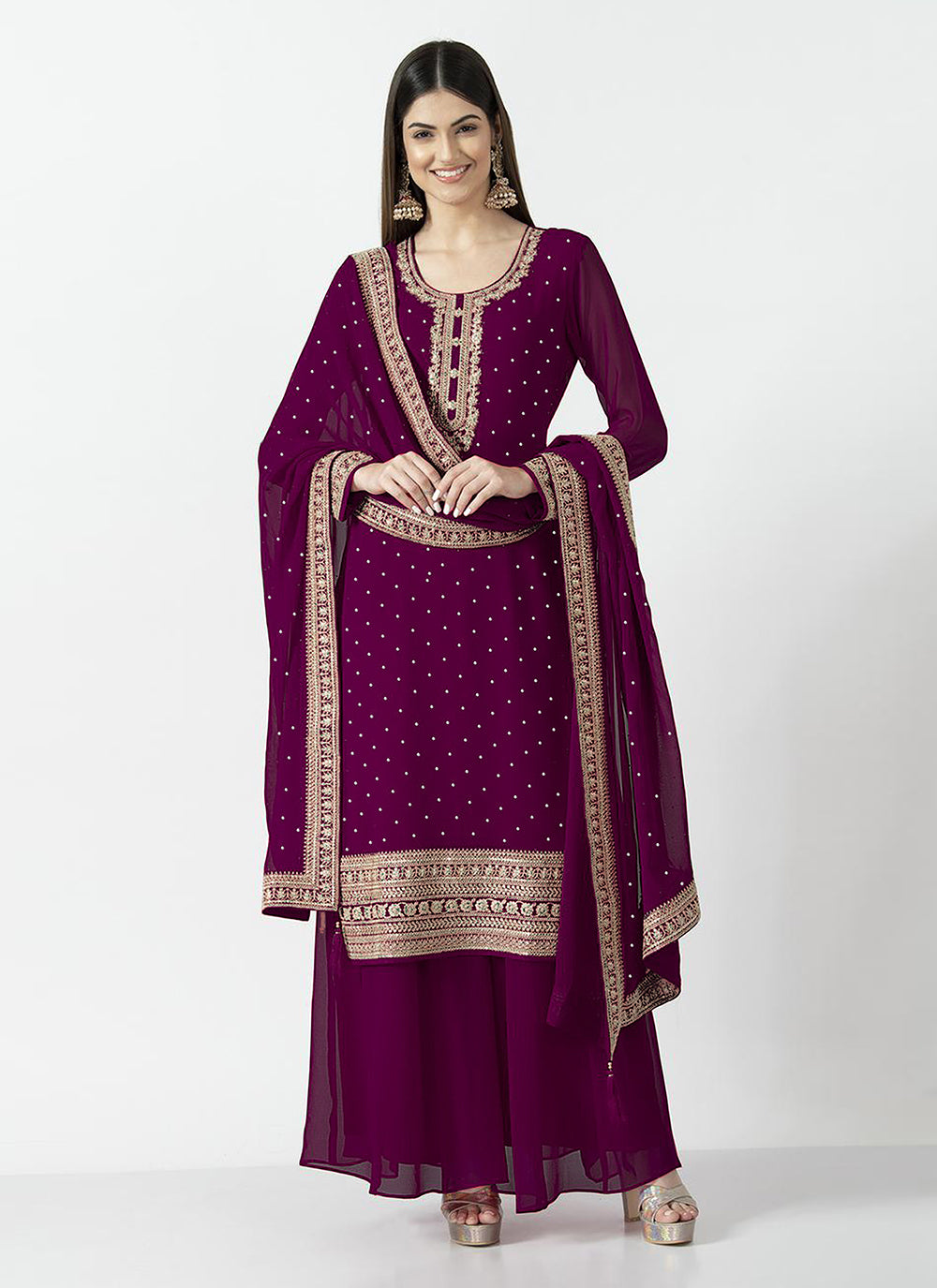 Sequins Georgette Palazzo Suit In Purple