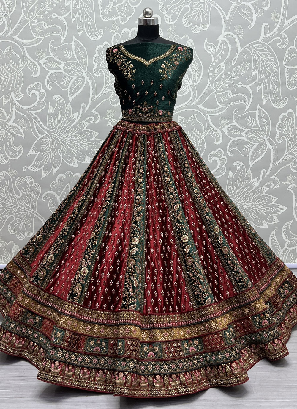 Maroon Velvet Lehenga Choli With Dori, Embroidered, Sequins And Thread Work