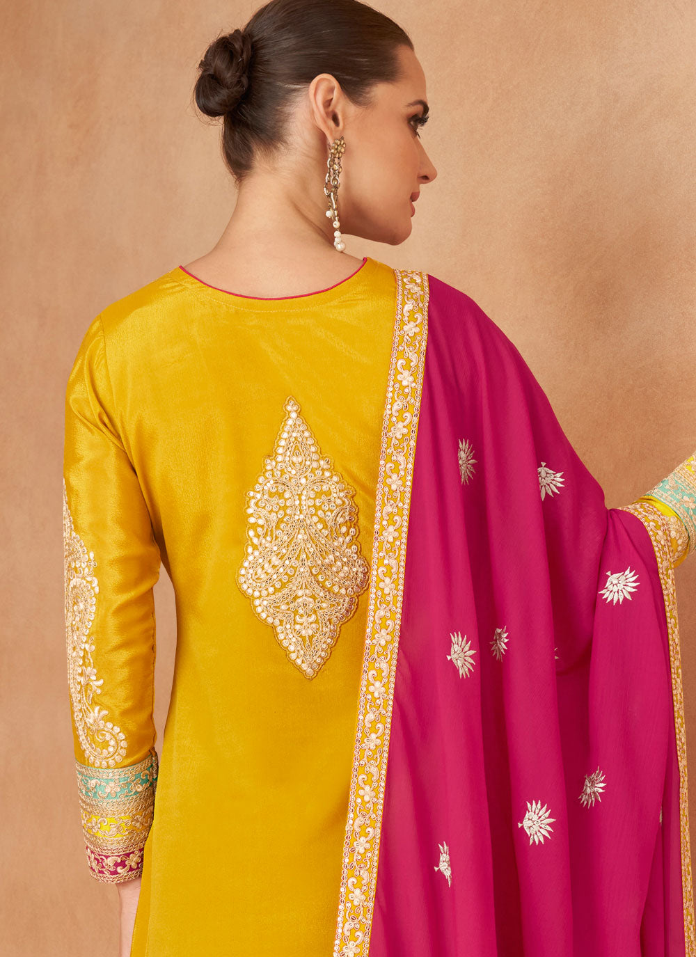 Yellow Chinon Salwar Suit With Embroidered And Sequins Work