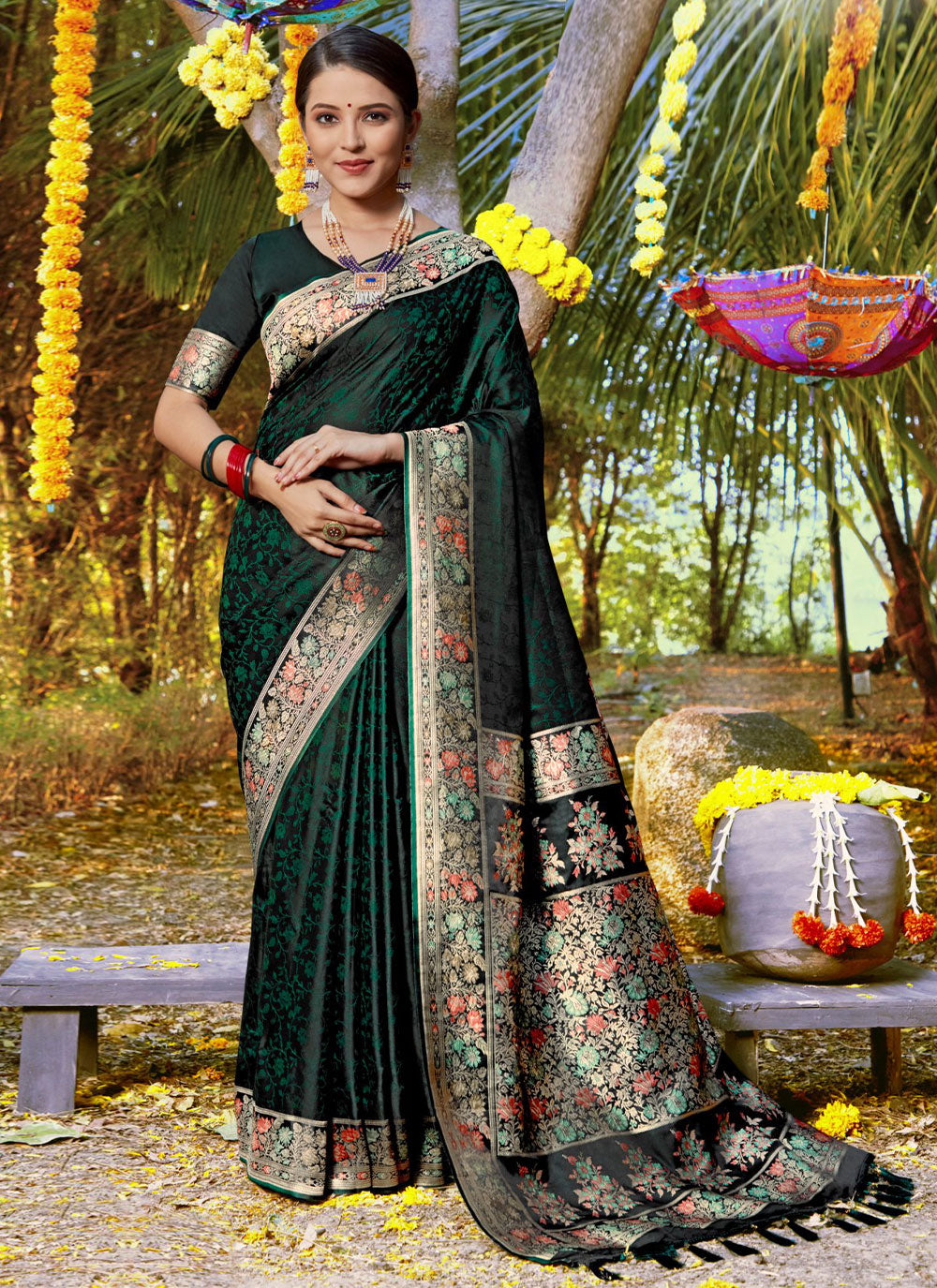 Satin Silk Green Embroidered Trendy Saree