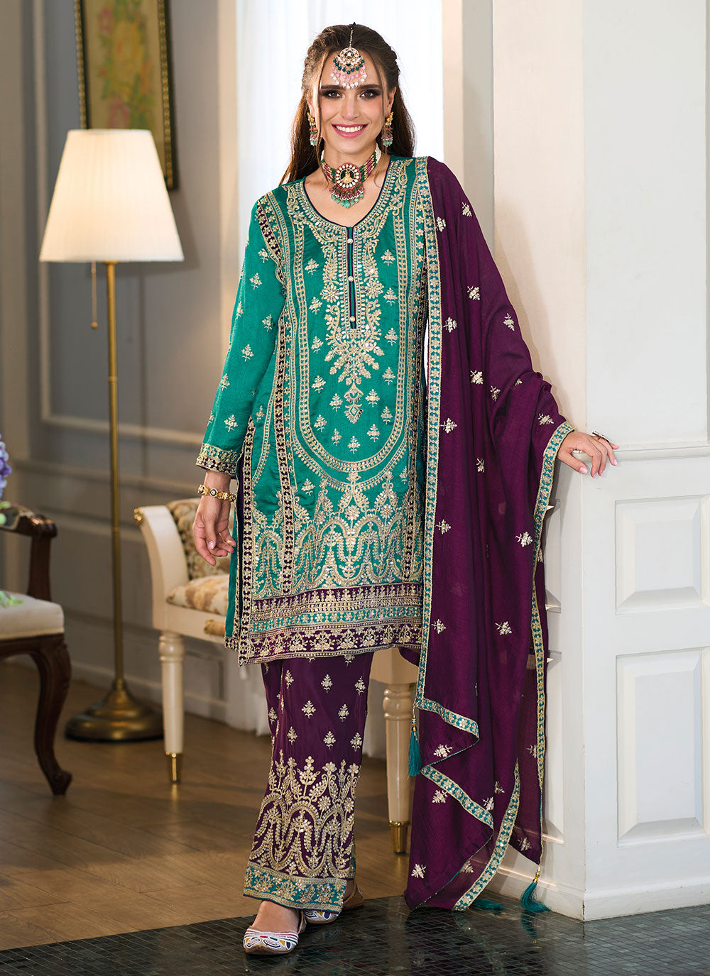 Rama Silk Embroidered And Sequins Work Readymade Salwar Suit