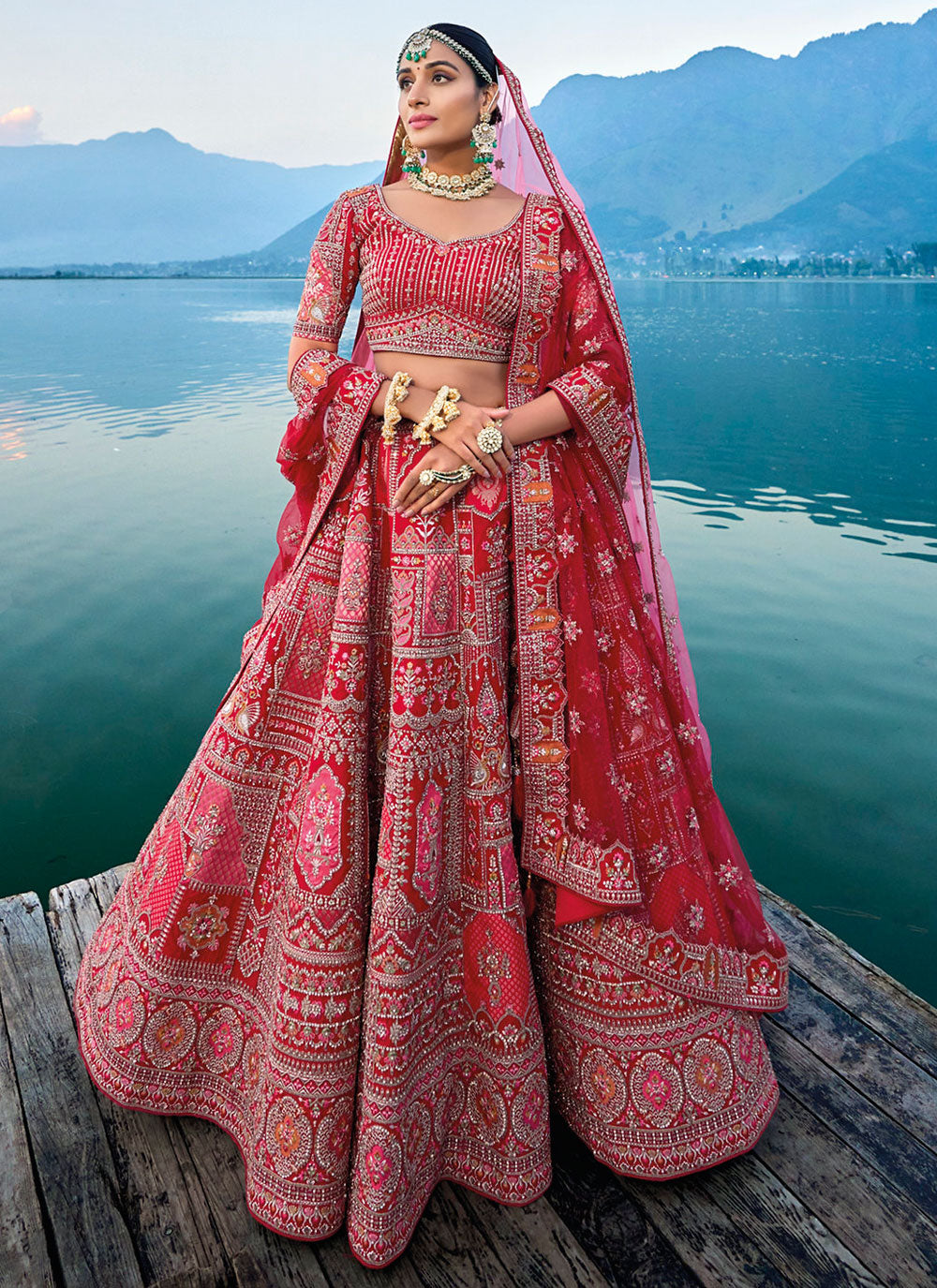 Red Silk Embroidered, Sequins, Thread And Zari Work Lehenga Choli For Bridal