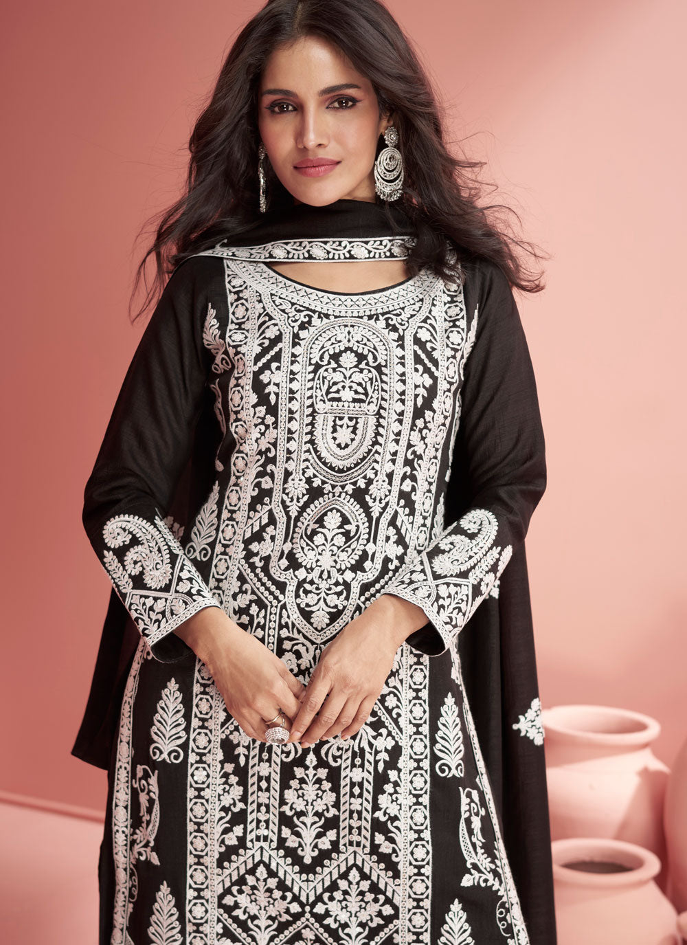Black Silk Readymade Salwar Suit With Embroidered And Sequins Work