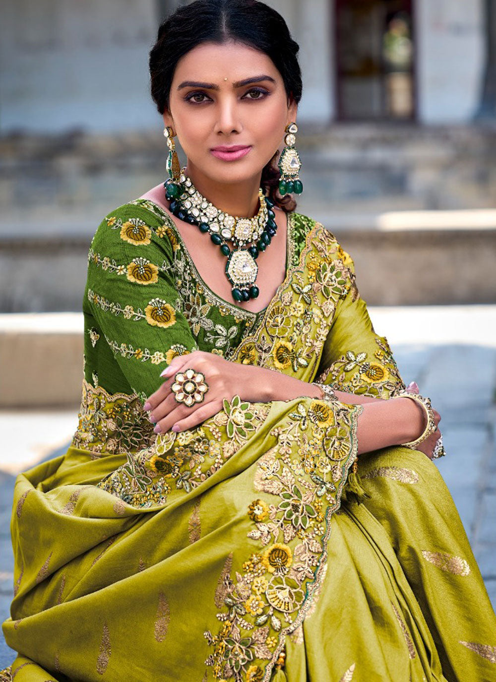 Green Fancy Fabric Saree With Embroidered, Hand, Sequins And Stone Work
