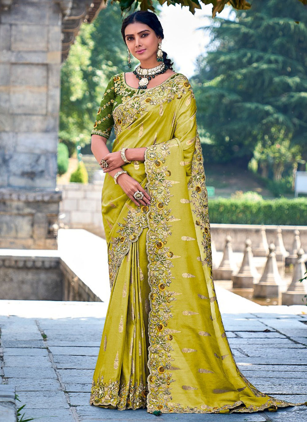 Green Fancy Fabric Saree With Embroidered, Hand, Sequins And Stone Work