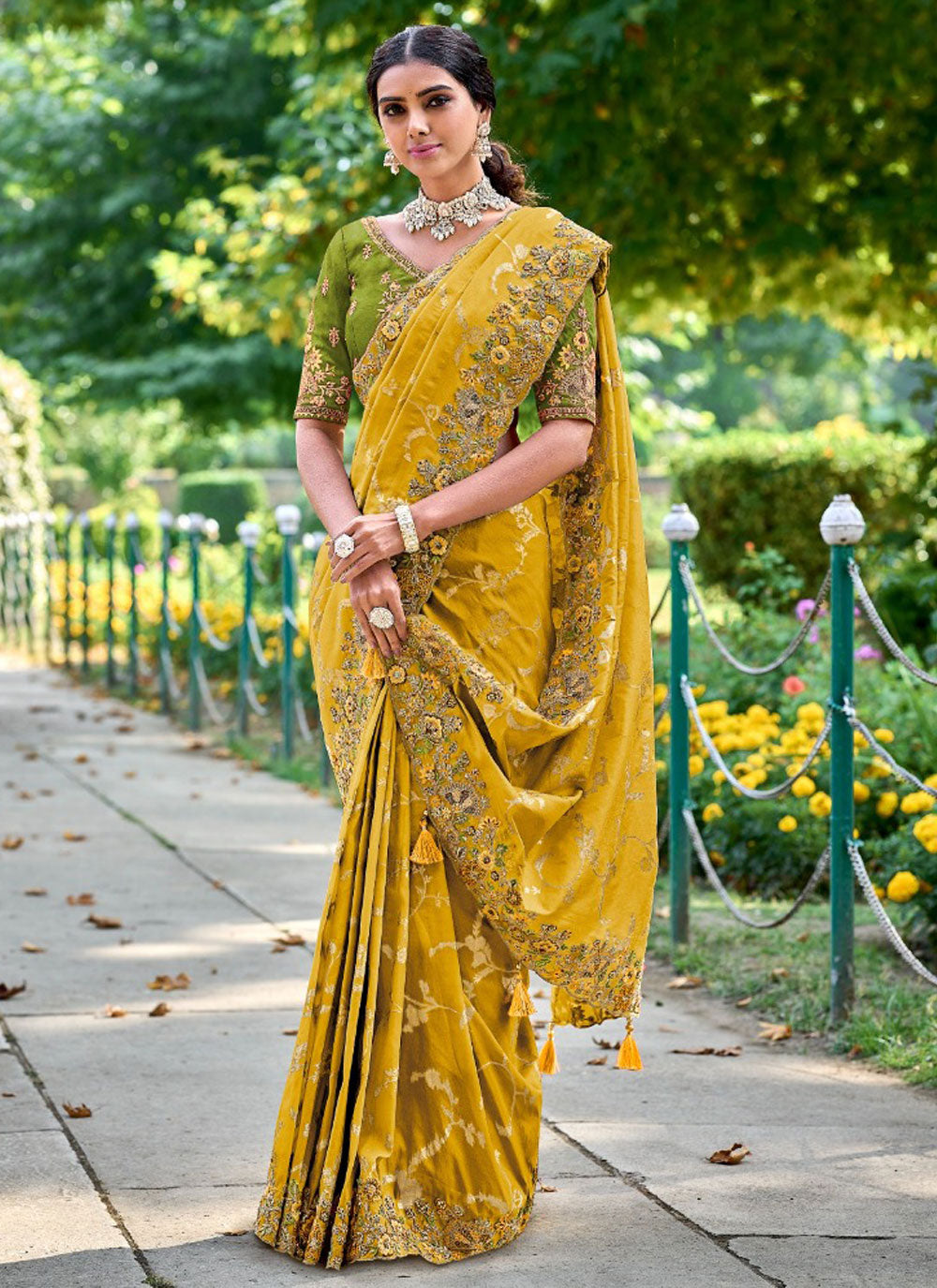 Fancy Fabric Classic Sari In Mustard