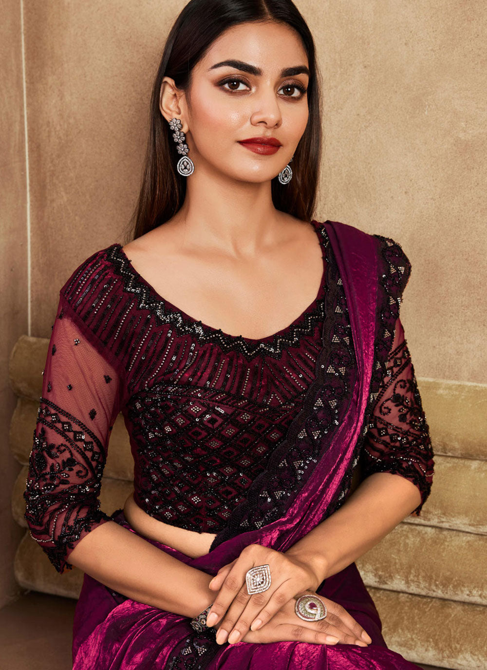 Patch Border, Embroidered And Sequins Work Silk Classic Sari In Wine For Engagement