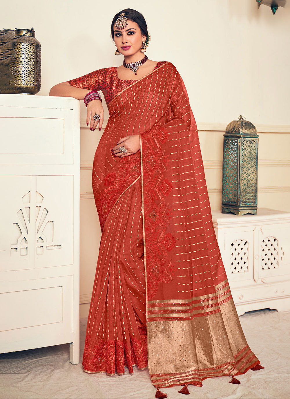 Silk Contemporary Sari With Embroidered And Woven Work