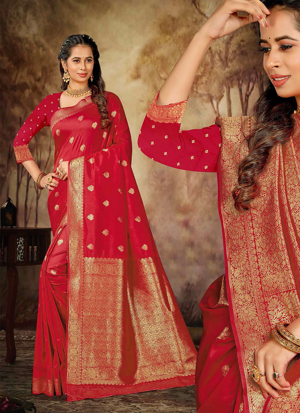 Red Silk Woven Work Contemporary Sari