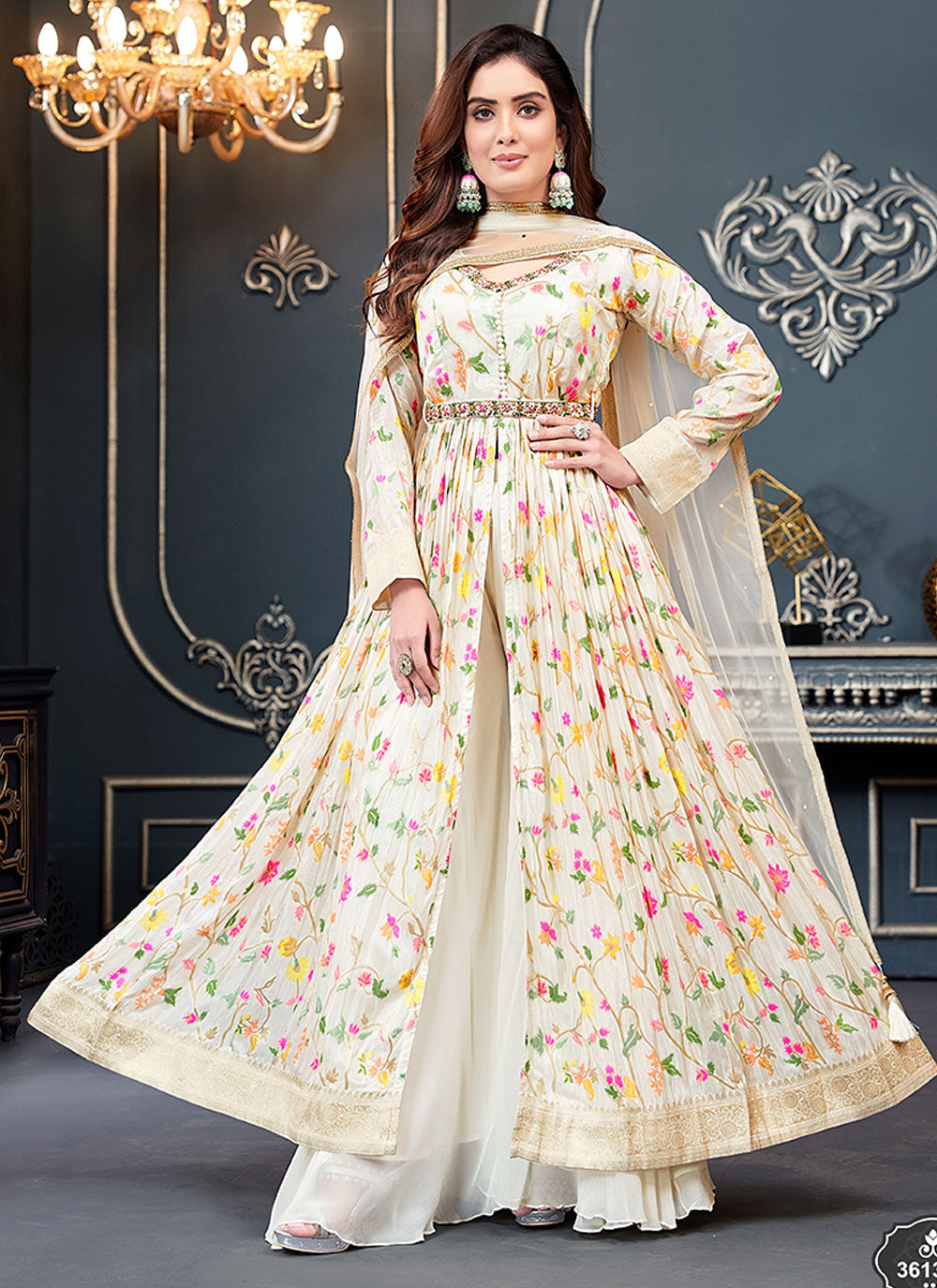 Cream Palazzo Salwar Suit With Embroidered Work For Ceremonial