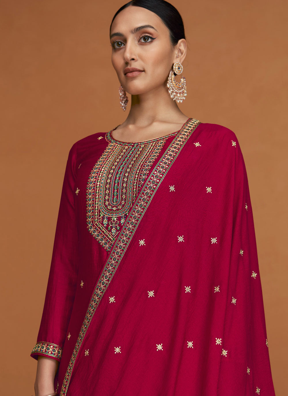 Embroidered Work Silk Salwar Suit In Hot Pink For Ceremonial