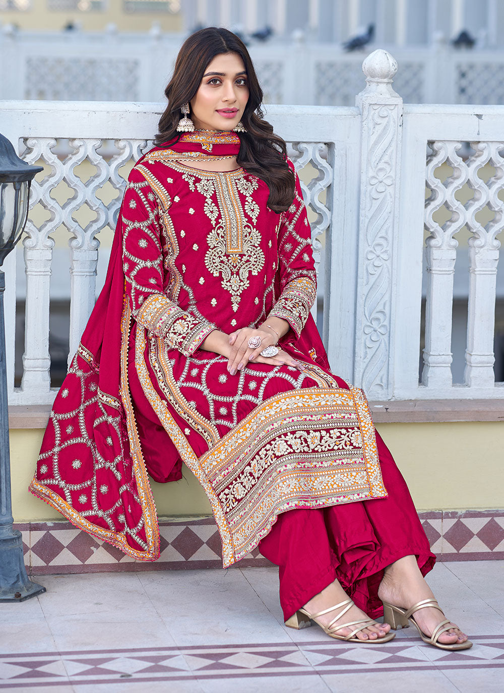 Pink Chinon Embroidered Work Palazzo Salwar Suit For Women