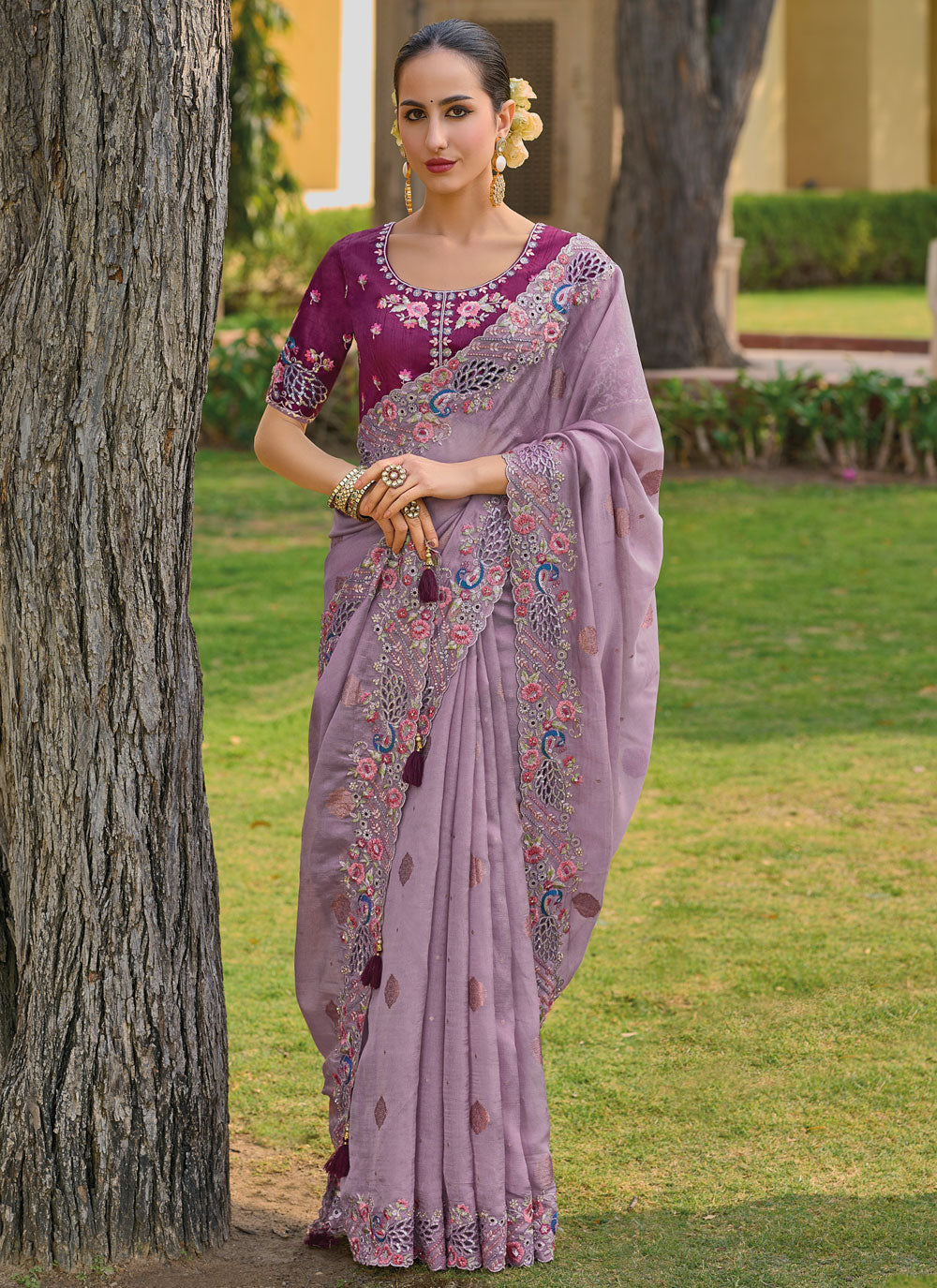 Purple Organza Cut, Embroidered And Sequins Work Classic Saree For Ceremonial